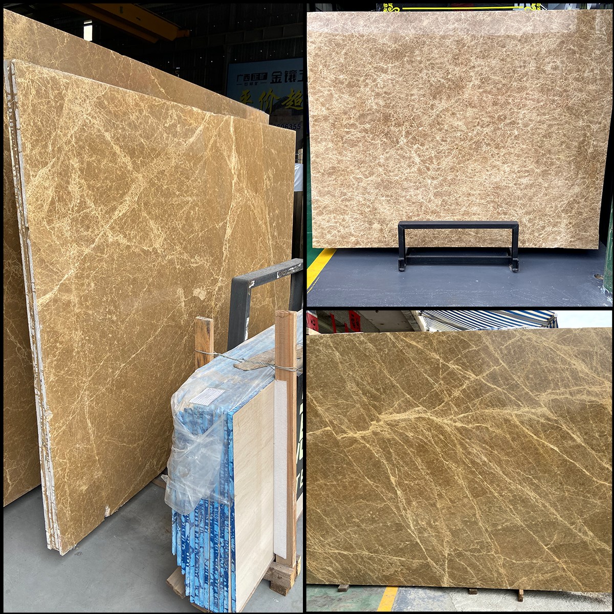 Dalles de marbre sur chevalets au dépôt Prestiva Stone